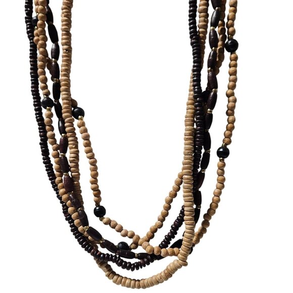 Boho Wooden Beaded Necklace Multi Strand Black Tan Fashion Jewelry Women - Picture 1 of 5